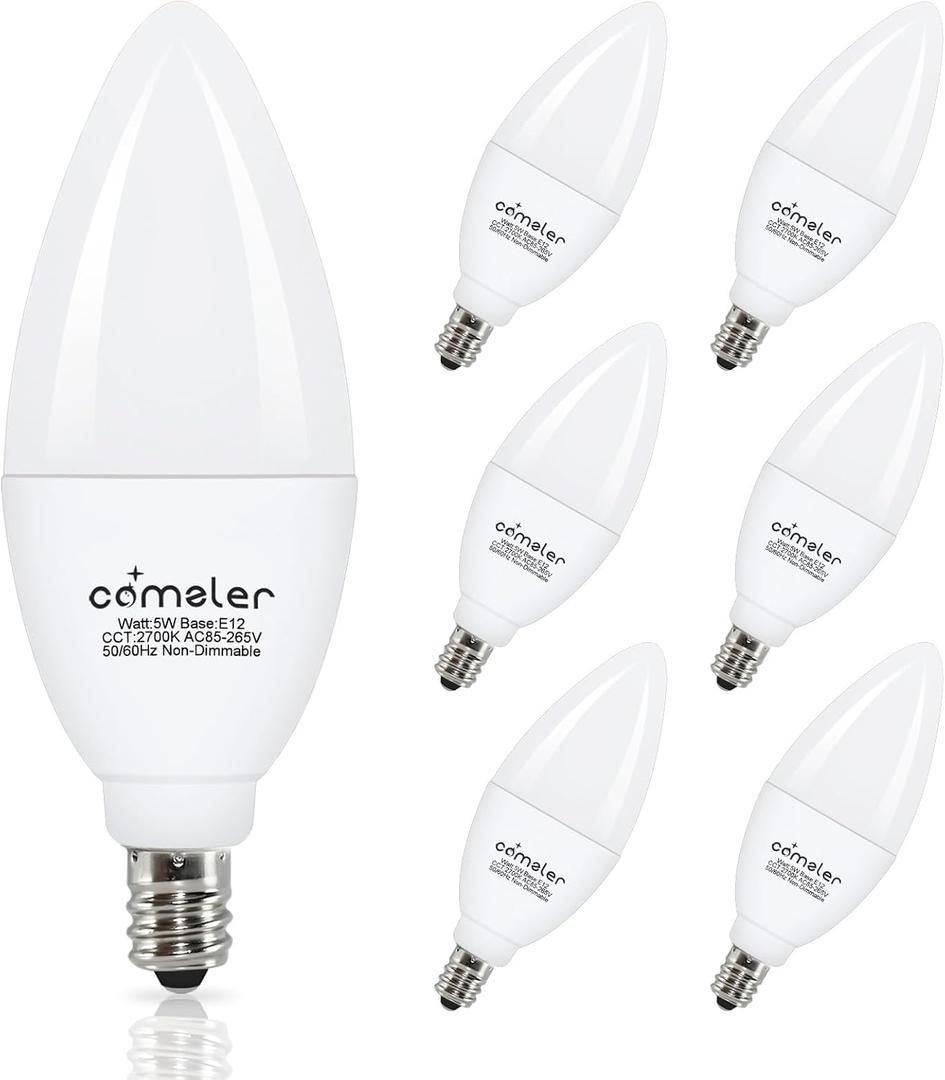 comzler LED Candelabra Bulb, Ceiling Fan Light Bulbs, E12 LED Bulb, 5 Watt 60 Watt Equivalent, Soft White 2700K LED Chandelier Light Bulbs, Candle Bulb Small Base Non-Dimmable, 6 Pack