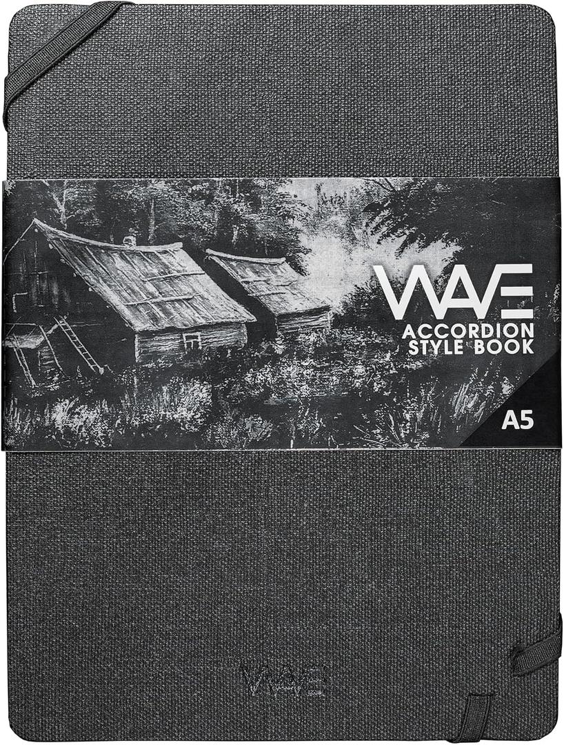 Creo Crafts Wave Fan Folding Matt Black Panoramic Art Book, Accordion Book, Recyclable, A5 180 GSM, Panoramic Art, Matte Black, Acid-Free, Drawing & Painting with Pens, Charcoal, Pencils & Crayons