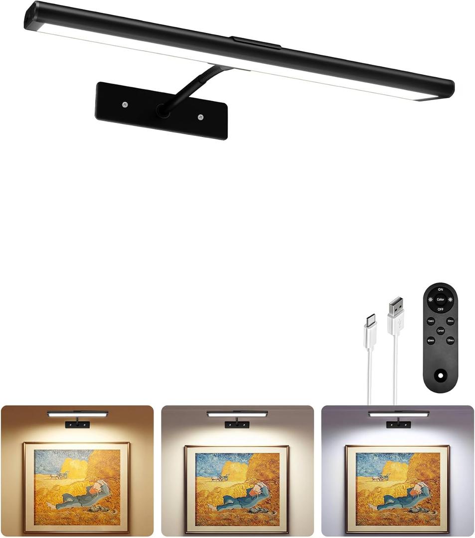 EZVALO Picture Light for Wall, 13'' Black Rechargeable 4800mAh Battery Lights Wireless with IR Remote, Magnetic LED Art Painting Light with 3 Color Temperatures, Display for Gallery, Living Room