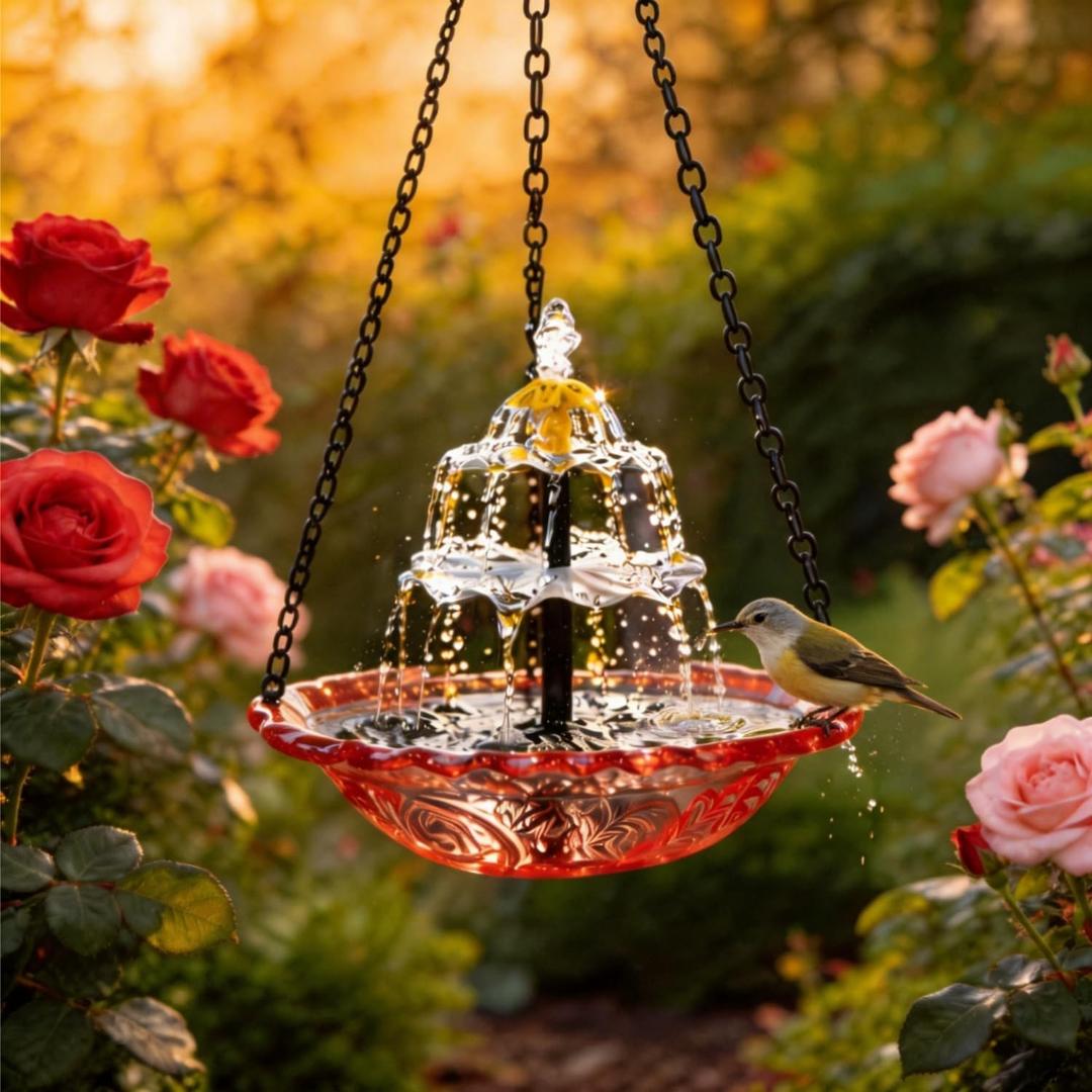 2026 New Solar Cascade Hanging Bird Bath Fountain Outdoor Bowl Bird Bath with Solar Pump, Large Hanging Fountain for Hummingbirds, Gardens, Patio & Backyard (Pink)