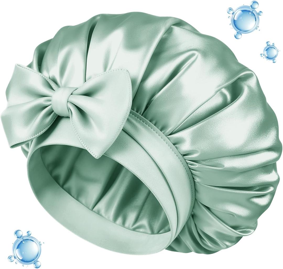 Silk Bonnet for Sleeping Women Double Layer Hyaluronic Acid Satin Bonnet with Adjustable Tie Band Sleep Cap for Curly Hair (Sage)
