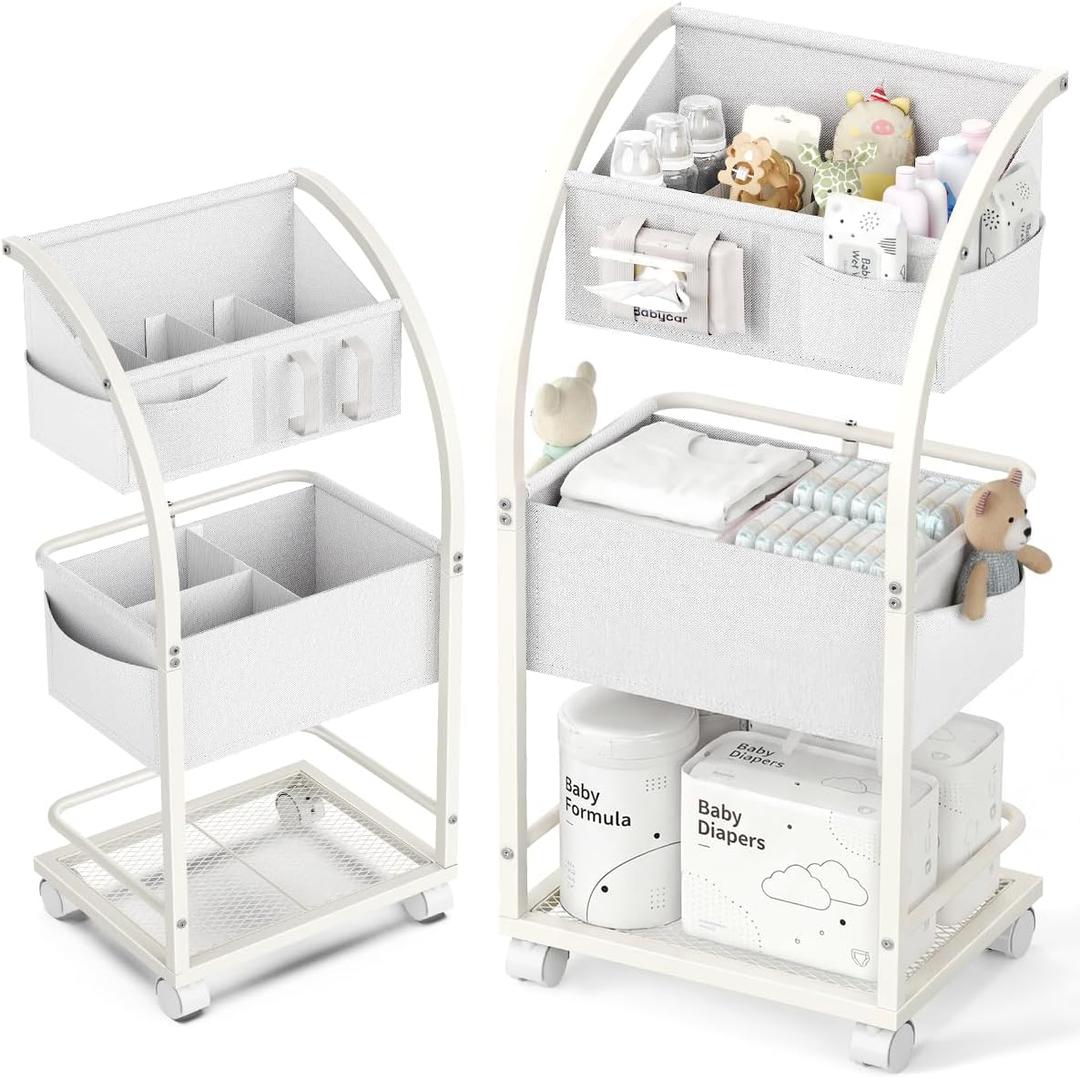VBABY Diaper Caddy Organizer Cart, 3 Tier Rolling Storage Cart with Wheels, Bedside Cart for Baby Essentials Supplies, Diaper Cart for Nursery, White
