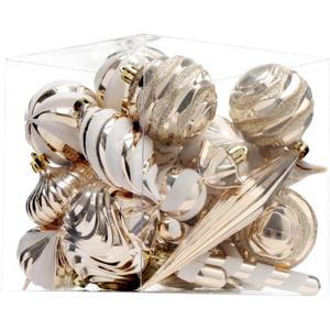 Christmas Ball Ornaments Set Shatterproof Christmas Tree Ornaments 24 PCS Painted Shaped Styles Xmas Tree for Holiday Decor,Champagne