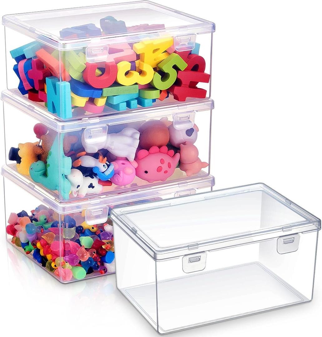 SiliFine 4 Pcs 7.09 x 5.2 x 3.43 Inch Clear Plastic Playroom and Gaming Storage Organizer Box Containers Stackable Storage Bins with Lids for Shelves or Cubbies, Holds Puzzles Building Blocks