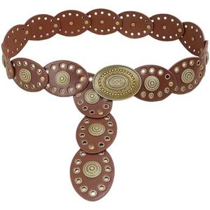 Bawnhaw Western Chunky Wide Disc Belt for Women Boho Hollow PU Leather Waist Cowgirl Belt for Dresses Jeans with Metal Buckle