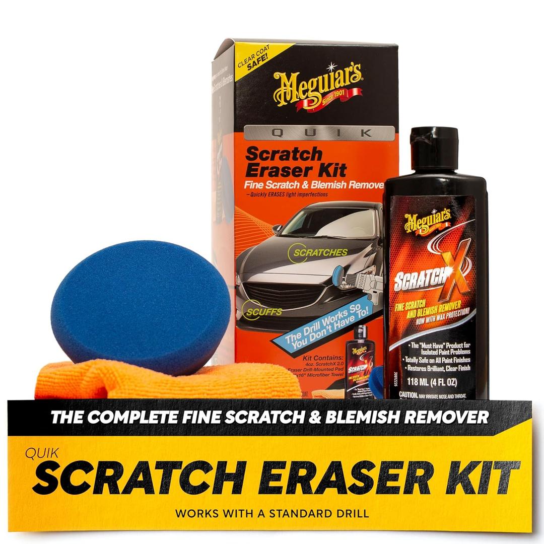 Meguiars Quik Scratch Eraser Kit, Car Scratch Remover for Fixing Surface Blemishes, Includes ScratchX, Drill-Mounted Pad, and Microfiber Towel, Great Car Gifts for Men and Women
