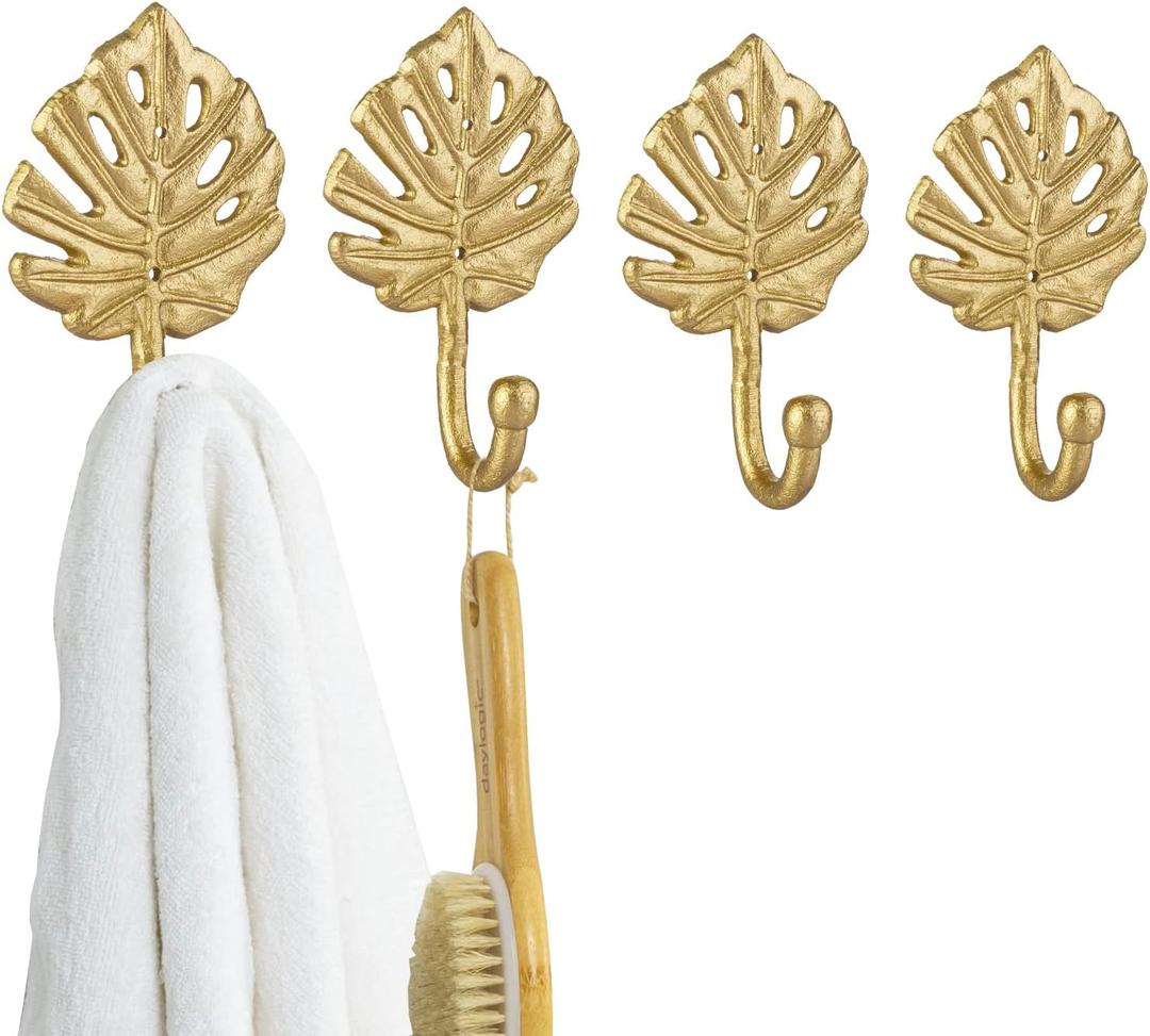 MyGift Vintage Gold Leaf Design Wall Hanging Hooks, Metal Monstera Leaves Wall Mounted Entryway Storage Coat Hooks, Set of 4  Handcrafted in India