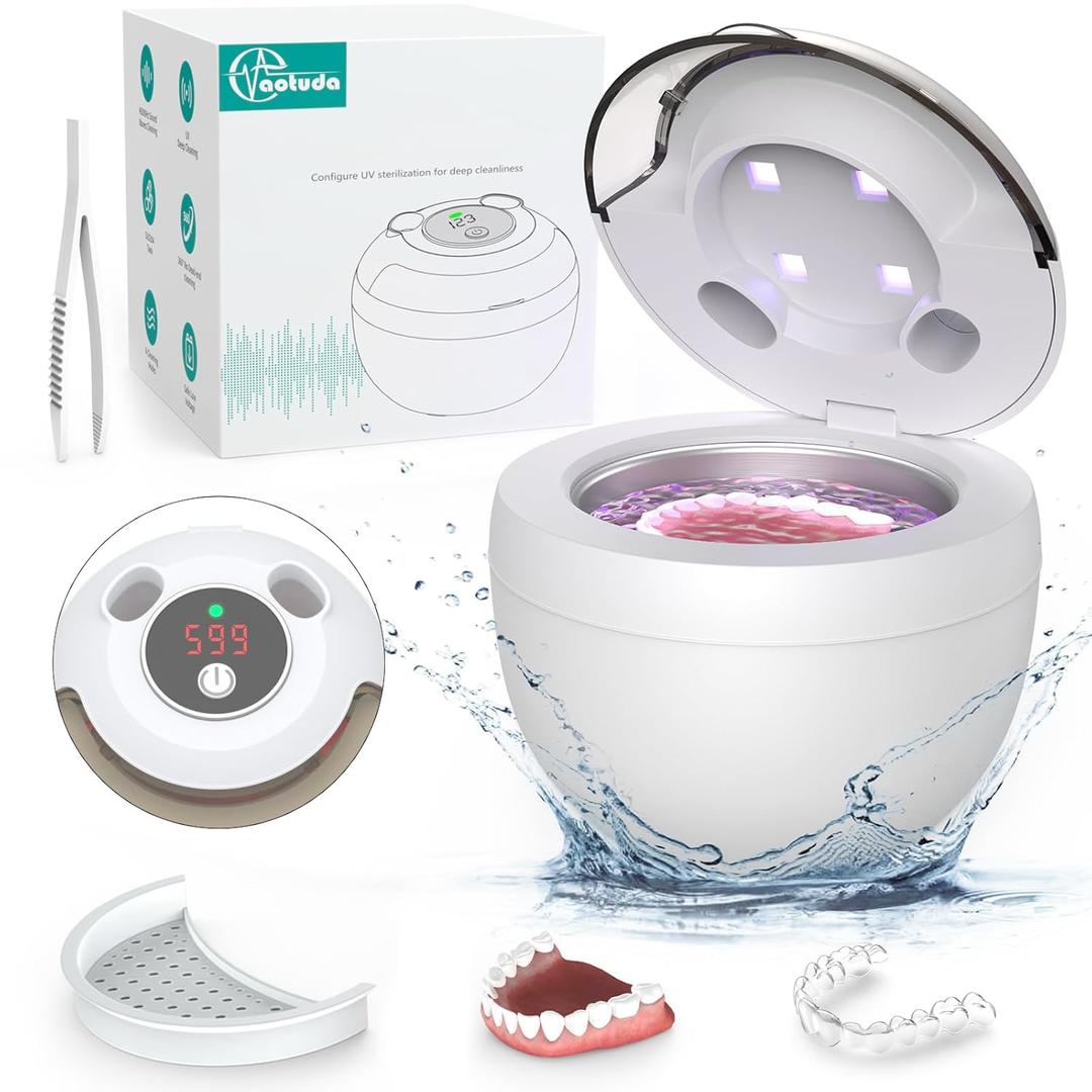 45kHz Retainer Cleaner Machine, 200ML Ultrasonic Dental Cleaning Pod with 4 Modes, Digital Timer, Mouth Guard Cleaner for Denture, Aligner, Braces, Toothbrush, Jewelry and More (White)