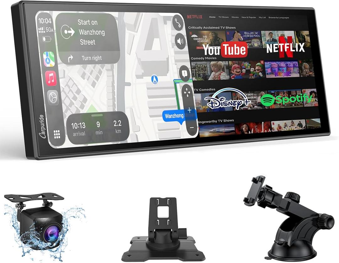 Carpuride 11" Carplay Screen for Car with N-etflix/YouTube Apps, Upgraded Car Play & Android Auto Large Touchscreen, Support OTA, Dual WiFi, Backup Camera, GPS Navigation, Split-Screen, Dual Bluetooth