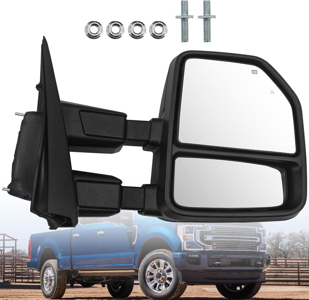 Right Passenger Side Tow Mirror Fits for Ford F250 F350 F450 F550 2017-2022 Support Power Folding & Glass Adjust & Heated with BSM Turn Signal & Puddle & Driving Light Temp Sensor 15 Pins
