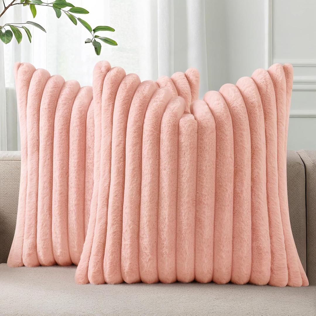 Pallene Faux Fur Plush Throw Pillow Covers 18x18 Set of 2, Luxury Soft Fluffy Striped Decorative Pillow Covers for Sofa, Couch, Living Room, Pink