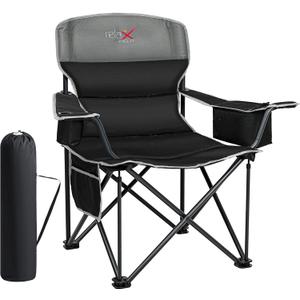 Oversized Folding Camping Chair, Heavy Duty Support 500LBS Outdoor Chair with Cup Holder Storage and Cooler Pouch, Collapsible Padded Arm Chair for Sports Garden Beach Fishing, Black (1 PC)