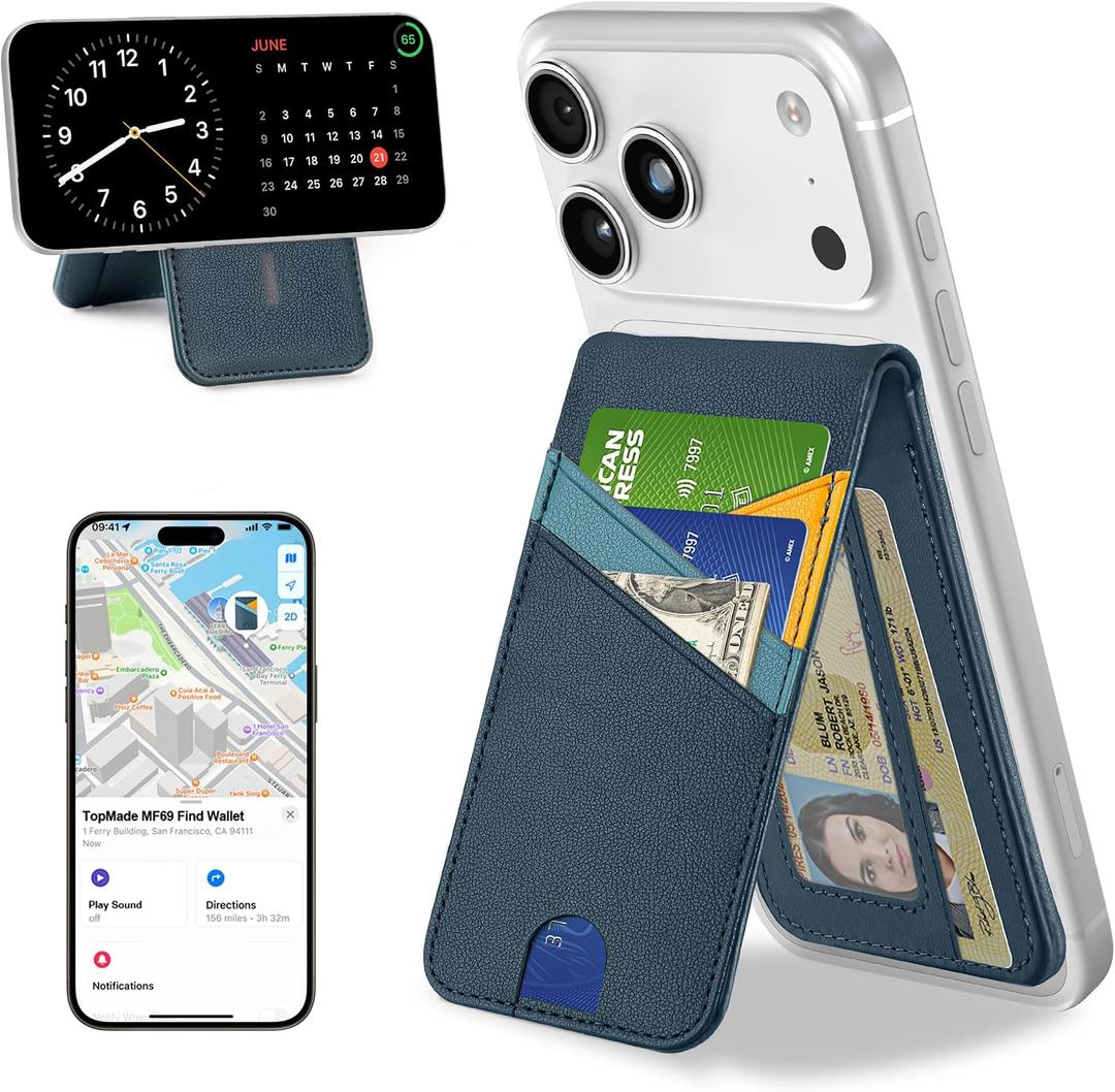 TopMade for MagSafe Wallet Stand, Works with Apple Find My, Magnetic Wallet for iPhone 17/16/15/14/13/12 Series, for iPhone Wallet with Finder Tracker, 6 Card Holder, RFID Blocking, Dark Blue