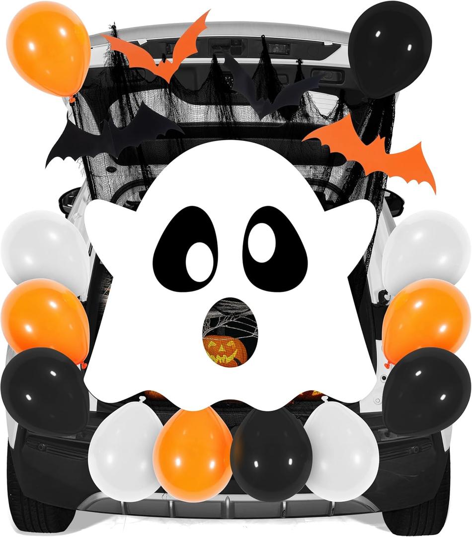 JOYIN Halloween Trunk Or Treat Car Decorations Kit for SUV Outdoor White Ghost Decor, Haunted House Archway Sticker with Balloons for Car Garage Door Entryway