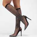 NEWBELLA Women's Rhinestone Mesh Pointed Toe Stiletto Heeled Boots  Sexy Knee High Slip-On Glitter Sock Boots for Party, Night Out, Clubwear Black 8