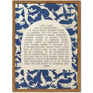Christian Lords Prayer Wall Art Jesus Bible Verse Wall Decor Painting, Mid Century Francis Scripture Poster Canvas Prints Blue Religious Quotes Room Artwork 16x24 inch Wood Framed