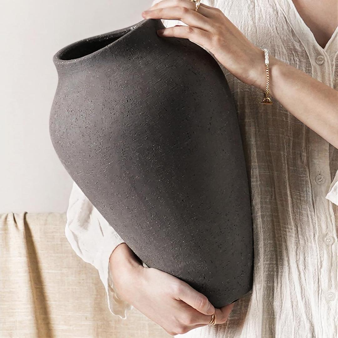 Ceramic Vase - Large 13.6 Inch Tall Floor Vase for Centerpieces, Farmhouse Rustic Minimalist Home Decor for Living Room, Enterway, Wedding (Sandstone Dark Gray)