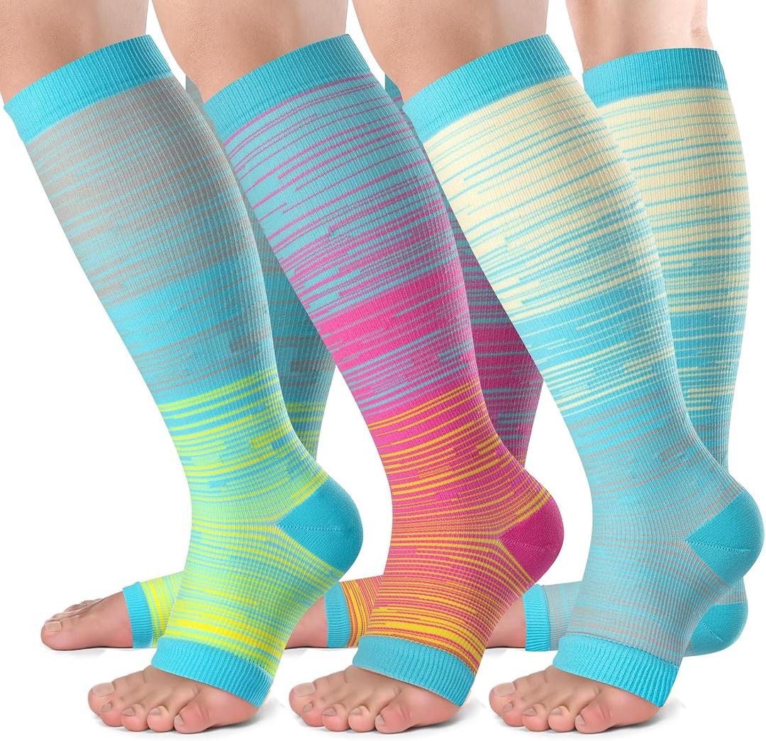 bropite Open Toe Compression Socks for Men & Women - 3 Pairs of 15-20 mmhg Knee High Stockings for Circulation Support