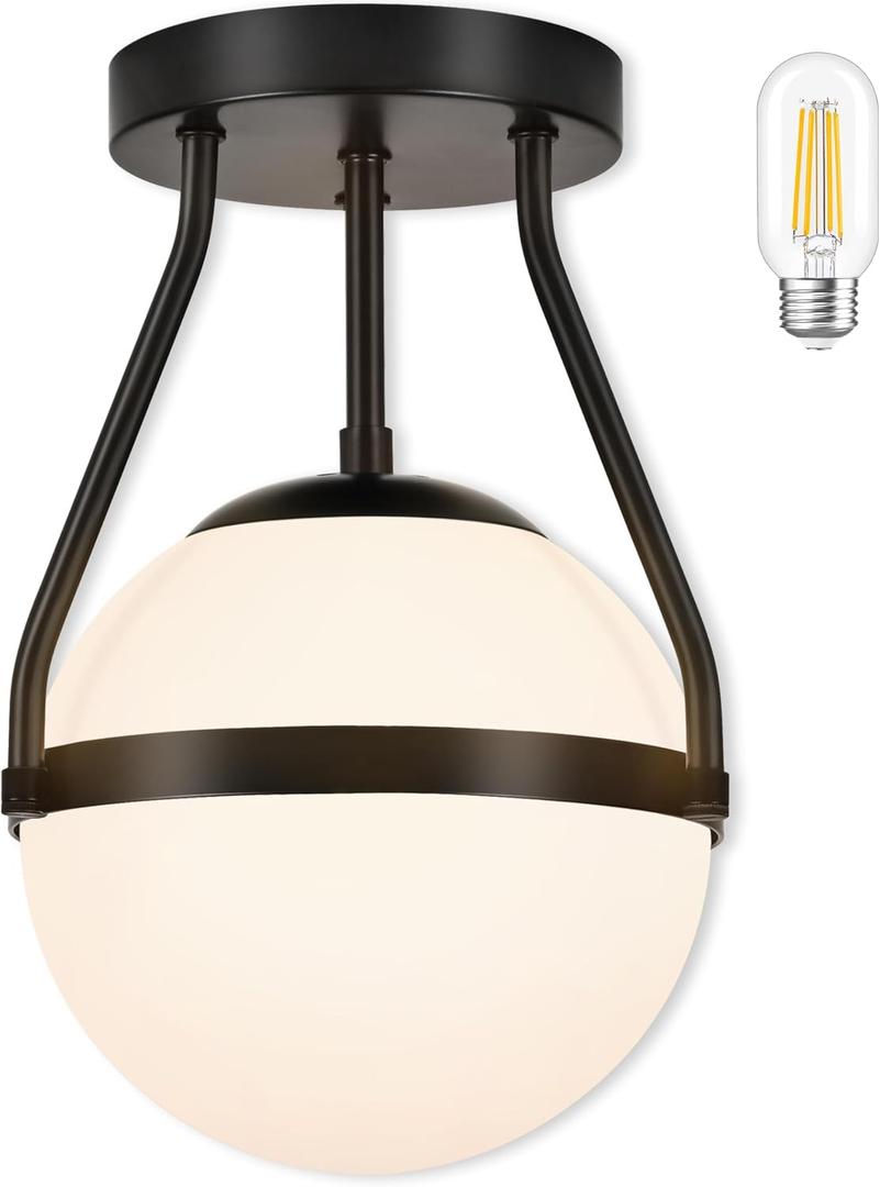 Bagood 8 Inch Mid Century Ceiling Light Modern Semi Flush Mount Ceiling Light Fixture Globe Ceiling Light Fixture with Milk Glass Shade Matte Black Finish for Kitchen Island Hallway Laundry(Bulb Incl)