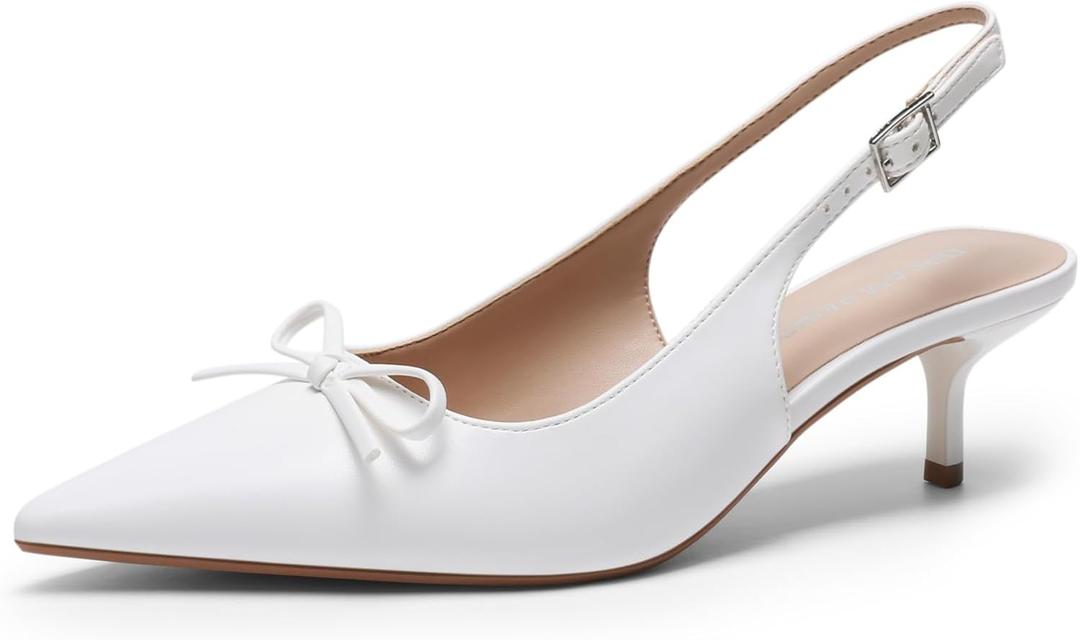 DREAM PAIRS Women Slingback Kitten Heels, Pointed Toe 2.17 Inch Low Bow Dress Shoes All Day Wear Comfortable Formal Wedding Pumps (Size 8, White)