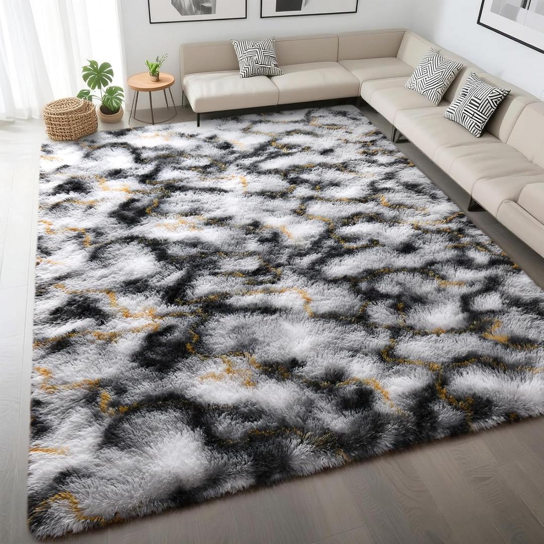 DweIke Fluffy Black White Gold Rugs for Bedroom Living Room, 4x6 Feet Soft Plush Shaggy Tie-Dyed Girls Boys Kids Rug, Upgraded Non-Slip and Machine Washable Carpet for Dorm Nursery Classroom Decor