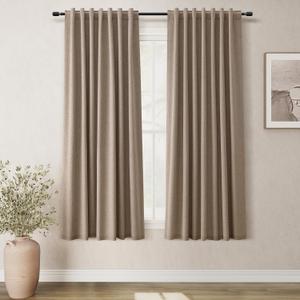 BOODII 63 Inch Blackout Curtains Linen Black Out Curtains for Bedroom 2 Panels Set Neutral Room Darkening Curtain Brown Thermal Insulated Curtain for Nursery Window Drapes Back Tab 52x63