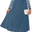 ZESICA Womens Long Sleeve Striped Midi Dresses Crewneck Button Ribbed Knit Pleated A Line Swing Sweater Dress (M)