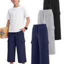 Langyiwee 3 Pack Boys Capri Pants Drawstring Elastic Waisted Teens Cargo Joggers Pull on Casual Sweatpants with Pockets(Navy Blue, Light Heather Gray, Black,9-10 Years)