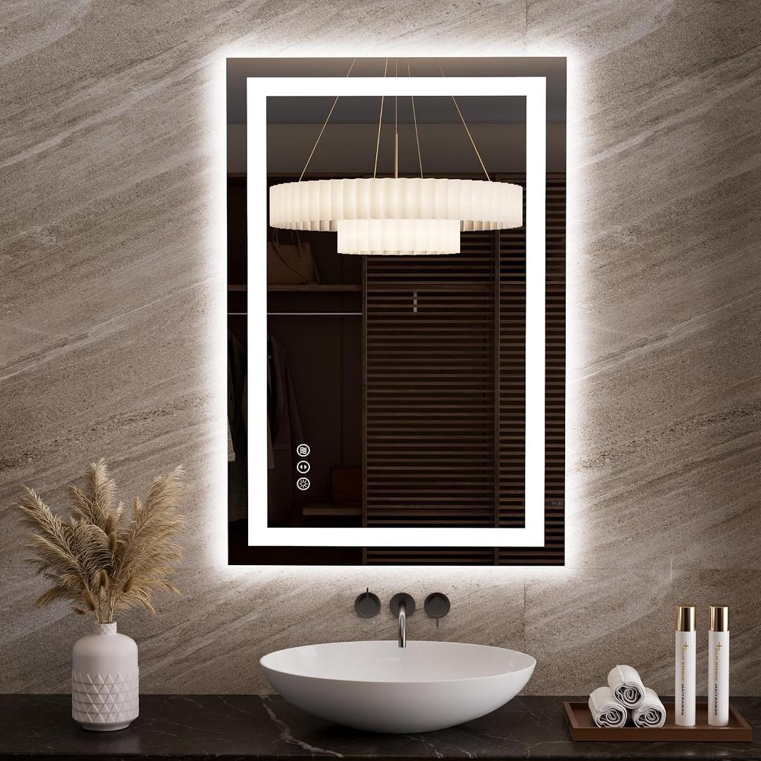 LOAAO 23.6"x35.4" LED Mirror for Bathroom, Lighted Bathroom Mirror with Lights, Anti-Fog, Dimmable, Memory Function, Clear Reflection