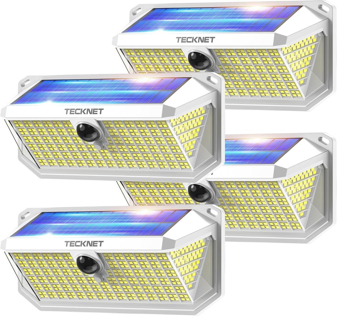 TECKNET 416 LED Solar Powered Outdoor Lights, 300 Angle & 3 Lighting Modes Motion Sensor Light Outdoor, Security Solar Lights Waterproof - 4 Pack, White, Cold Light