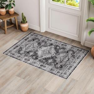 Dripex Vintage Washable Rug 2x3 Indoor Door Mat Non-Slip Entryway Rug Distressed Low-Pile Small Rug for Front Entrance Bathroom Rug Kitchen Living Room Bedroom (Charcoal/Black)