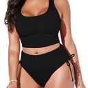 Pink Queen Women's Scoop Neck Racerback Ruched Crop Top High Waisted Bikini Sets 2 Piece Swimsuit Bathing Suit (Black, M)