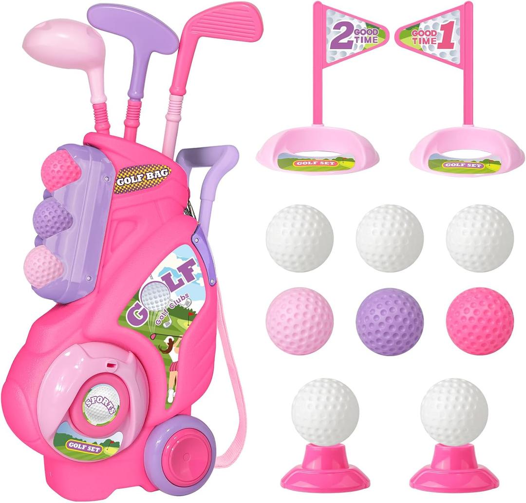 Jovizo Toddler Golf Set for Girls Boys 2 3 4 Years Old, Upgraded Kids Golf Cart with 3 Clubs & 8 Balls, Outdoor Indoor Sports Toys Birthday Gift, Pink