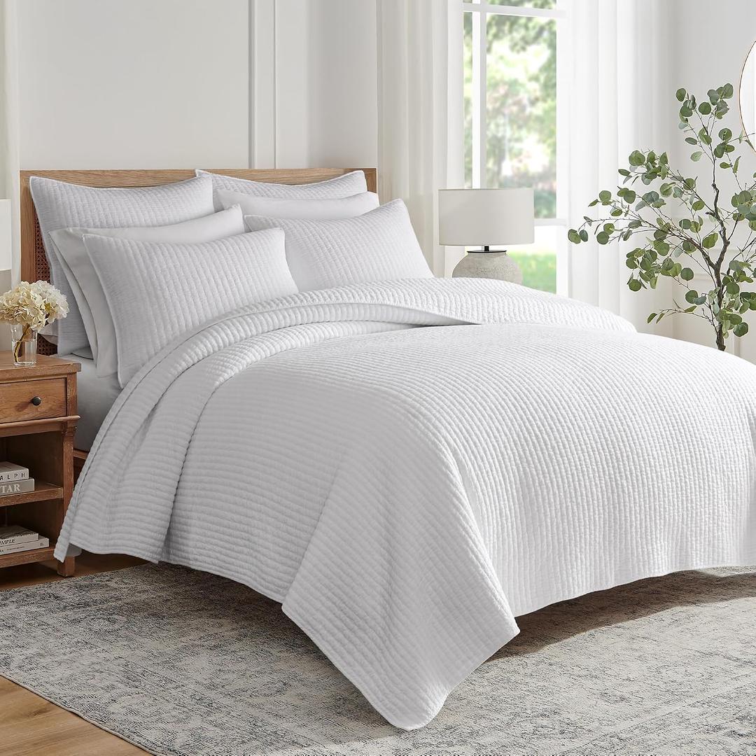 Levtex Home Cross Stitch Reversible King/Cal King Quilt Set (106x92in) and 2 Pillow Shams (36x20in) - Stitch Texture - Bright White - Cotton King Size Quilt Bedding Set - Lightweight Soft Pre-Washed