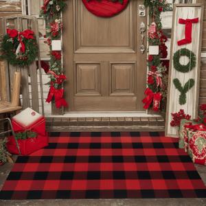 WAYYE Buffalo Plaid Outdoor Rug 3x5 Ft Red and Black Checkered Area Rug Washable Doormats Indoor Outdoor Rugs for Layered Front Door Mats, Porch, Entryway, Kitchen, Farmhouse