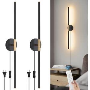 Plug in LED Wall Sconces Set of Two, 3000K-6000K Dimmable Modern LED Wall Lights with Remote 360Rotate Black Gold Wall Mounted Lighting for Living Room Hallway Bedroom Vanity 24 Inch 2 Pack