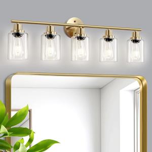 5-Light Bathroom Vanity Lights, E26 Modern Brushed Gold Bathroom Light Fixtures with Clear Glass Shade, Mirror Kitchen Hallway Cabinet Living Room Sconces Wall Lights