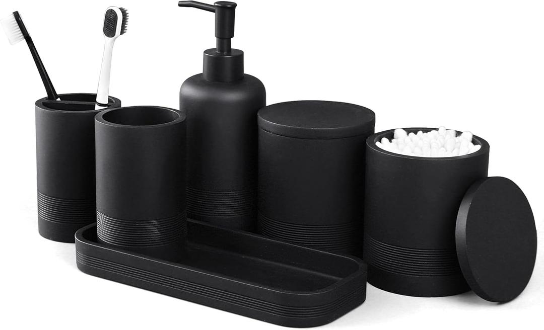 LIN CHUAN 6-Piece Bathroom Accessories Set, Organizer Set with Soap Dispenser, Toothbrush Holder Set, Vanity Tray, Tumbler & 2 Cotton Swab Jars  Modern Stylish Bathroom Storage(Matte Black)