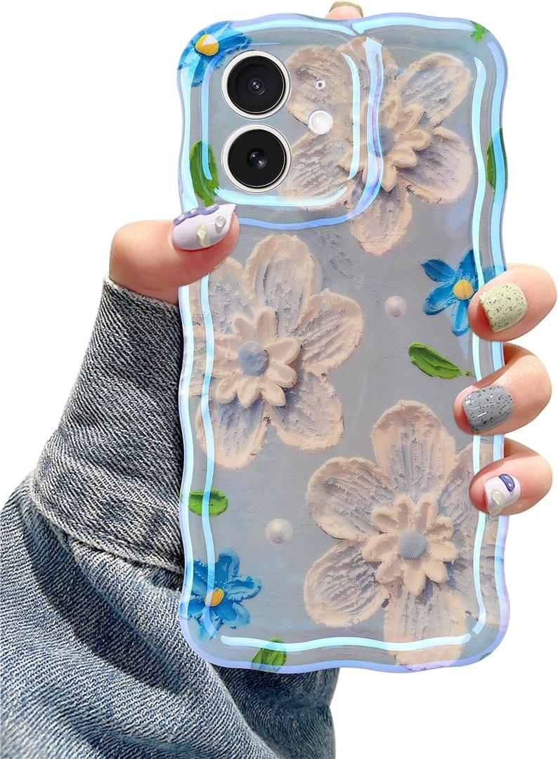 Jusy Compatible with iPhone 12, Colorful Retro Oil Painting Printed Flower Laser Glossy Pattern Cute Curly Wave Phone Case Soft TPU Cover for Girly Women - Blue Flower