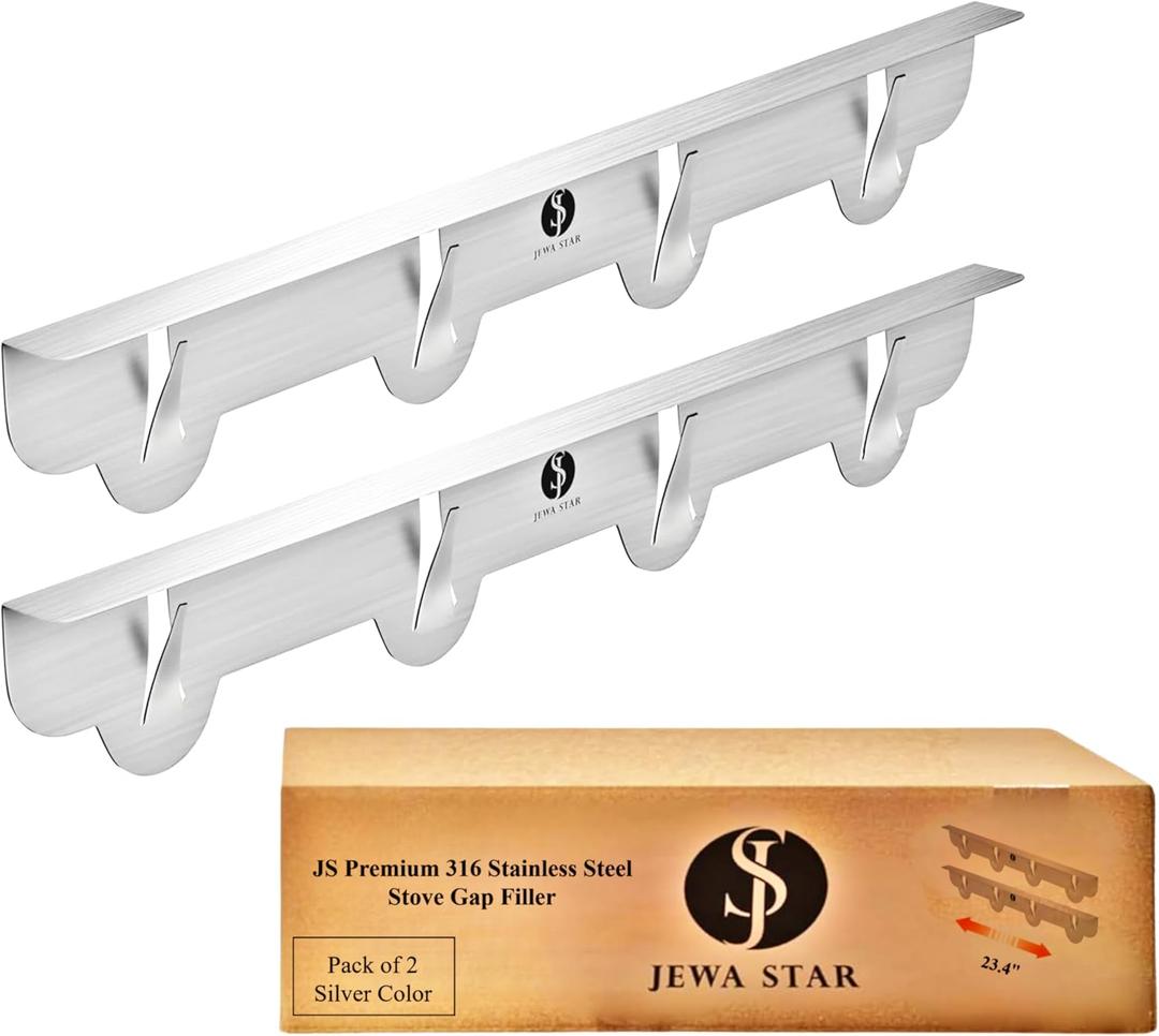 JS 316 Stove Gap Covers Stainless Steel (Pack of 2, 23.4") Heat-Resistant Oven Gap Filler Seals Gaps Between Stovetop & Counter, Stove Gap Guards, Kitchen Stove Counter Cover, Easy to Clean Range Trim Kit (Silver)