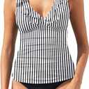 Womens Two Piece Swimsuits - Ruffle Flounce Tankini Tummy Control Bathing Suits V Neck Swimwear (Medium, Black&white Striped)