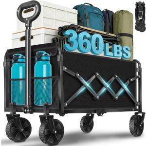 Collapsible Wagon Cart with All-Terrain Wheels - Folding Utility 360LBS Heavy Duty Wagons Carts for Grocery Sports Garden Shopping Camping Fishing (Black, 120L)