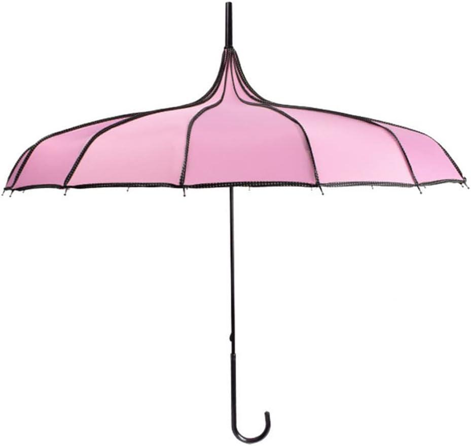 ThreeH Pagoda Umbrella Vintage Bridal Parasol Windproof 16 Ribs Leather Hooked Handle Rain Sun Umbrella (Pink)