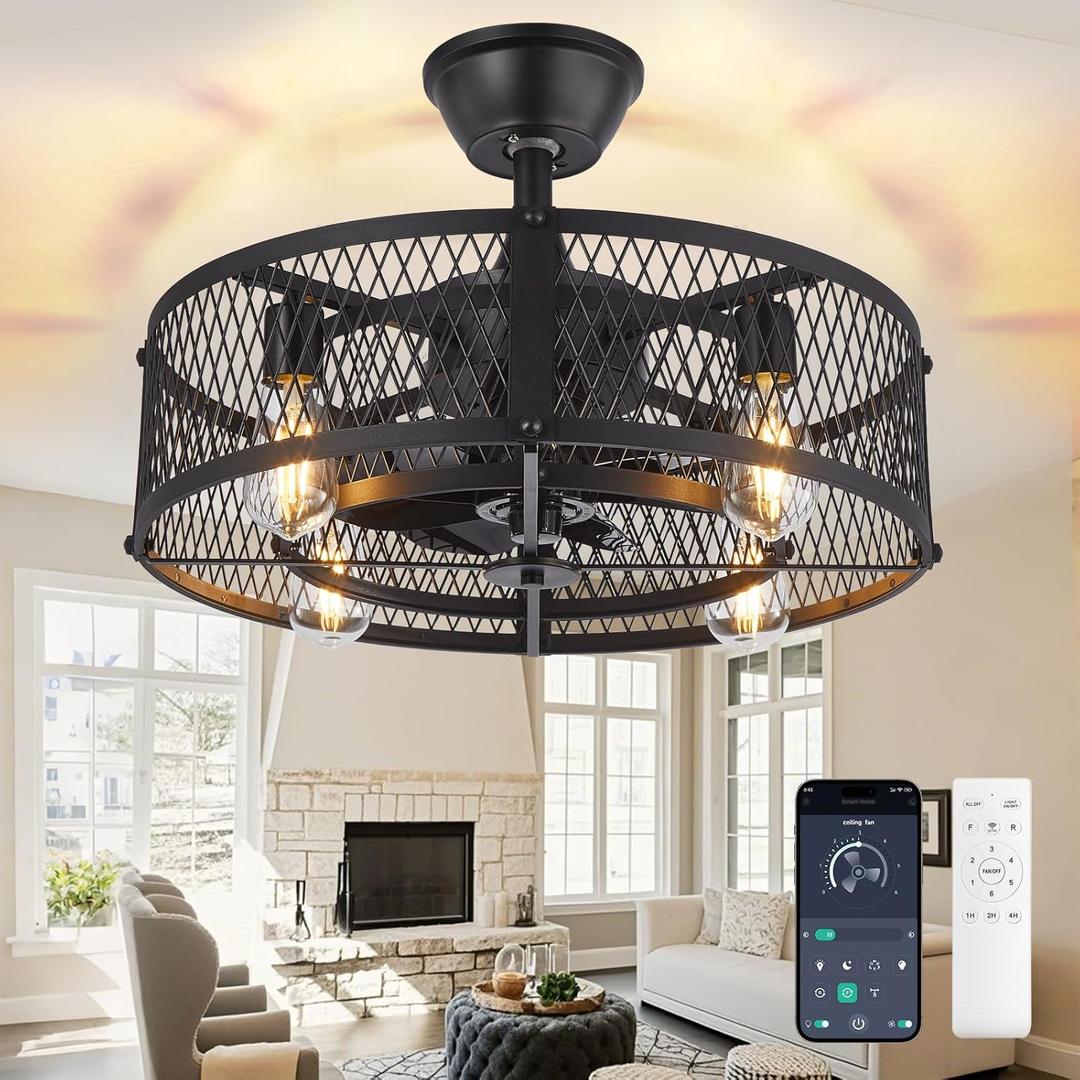 DLLT Caged Ceiling Fan with Light: 20" Farmhouse Fandelier with Lights and Remote & APP - Black Rustic Semi Flush Mount Bladeless Ceiling Fans Enclosed Fan for Bedroon Kitchen Living Dining Room