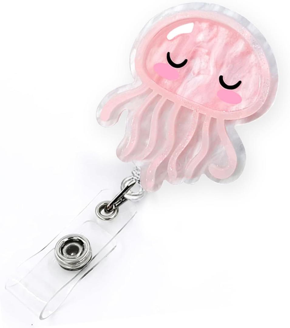 Pink Jellyfish Badge Reel Retractable for Nurse, Doctor, Medical Worker & Nursing Student | Cute Pediatric Nurse ID Name Badge Holder with Alligator Clip & 24 Durable Nylon Retractable Cord | Acrylic