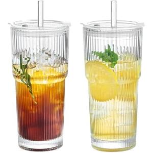 Puraville 2 Pack 20oz Glass Cups with Lids and Straws, Vintage Ribbed Glassware for Whiskey Cocktail Beer, Mason Jar Drinking Glasses Tumbler Iced Coffee Cup