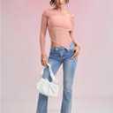 SweatyRocks Women's Asymmetrical Neck Long Sleeve T Shirt Lettuce Trim Slim Fitted Mesh Tops (Pink)