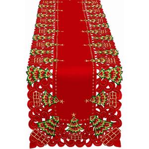 Grelucgo Embroidered Christmas Holiday Holly Tree Table Runner, Dresser Scarf, Rectangular 16 x 72 Inch