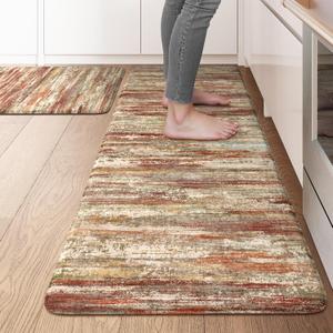 KIMODE Anti Fatigue Kitchen Mats for Floor 2 Piece, Red Brown Farmhouse Kitchen Rugs Non Slip, Ergonomic Cushioned Standing Mat for Office Sink Laundry Desk 17"x47"+17"x29" (20" x 47"+20" x 32"--0.47 inches, Red Brown/Multi)