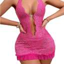 SOLY HUX Lingerie for Women Deep V Neck Floral Lace Babydoll Thongs Set Halter Chemise Nightwear Hot Pink Large